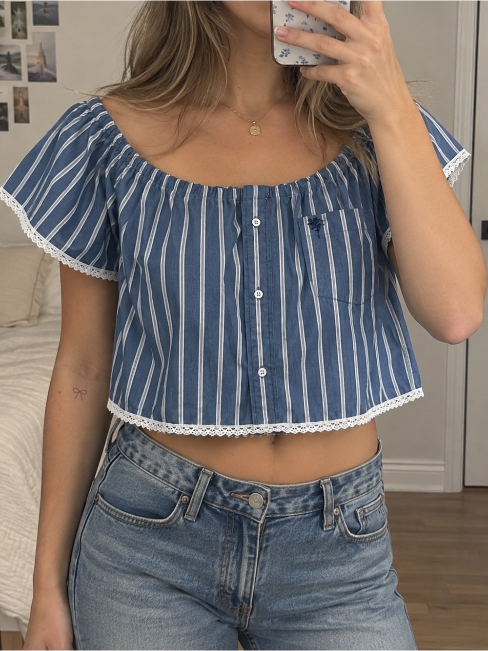 Upcycled Vintage Blue Striped Babydoll Blouse Lace Trim